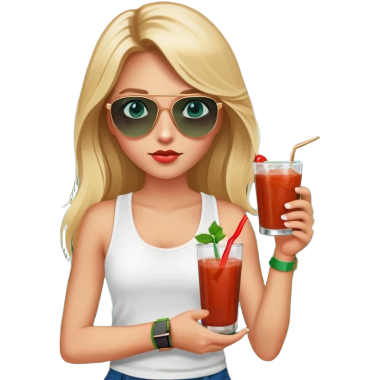 girl with long blond hair
with blue eyes
and aviator sunglasses
wearing white tank top 
holding bloody mary
wearing (rose gold apple watch with forest green band) emoji