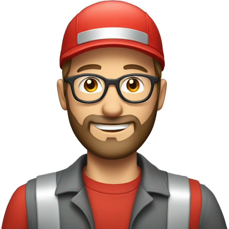 smiling white man with beard and round glasses dressed as a mechanic with red cap emoji