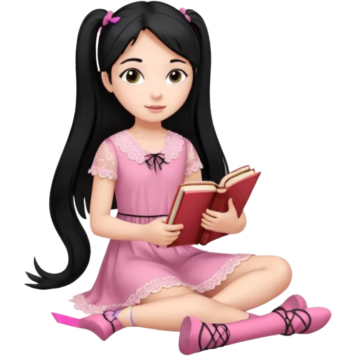 A beautiful girl, wearing a pink lace dress, her long straight black hair is tied in two ponytails, she holds books and crayons in her hands, her feet are bare, sitting on the floor with her legs crossed. emoji