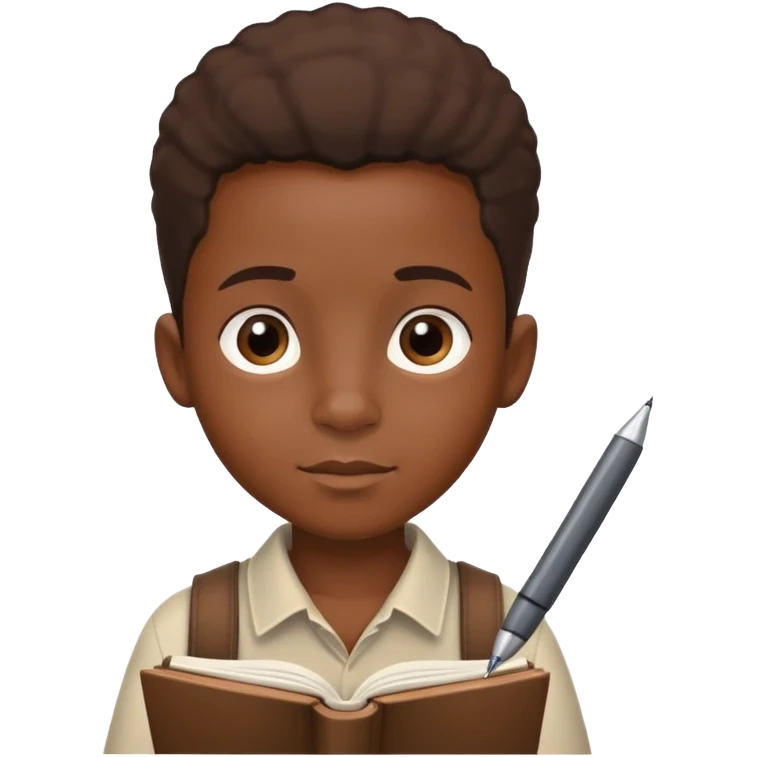 African boy student with brown skin writing with book and pen emoji