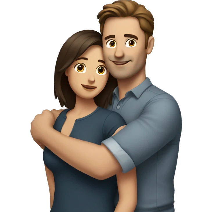 Man with brown hair hugs woman with dark brown hair emoji