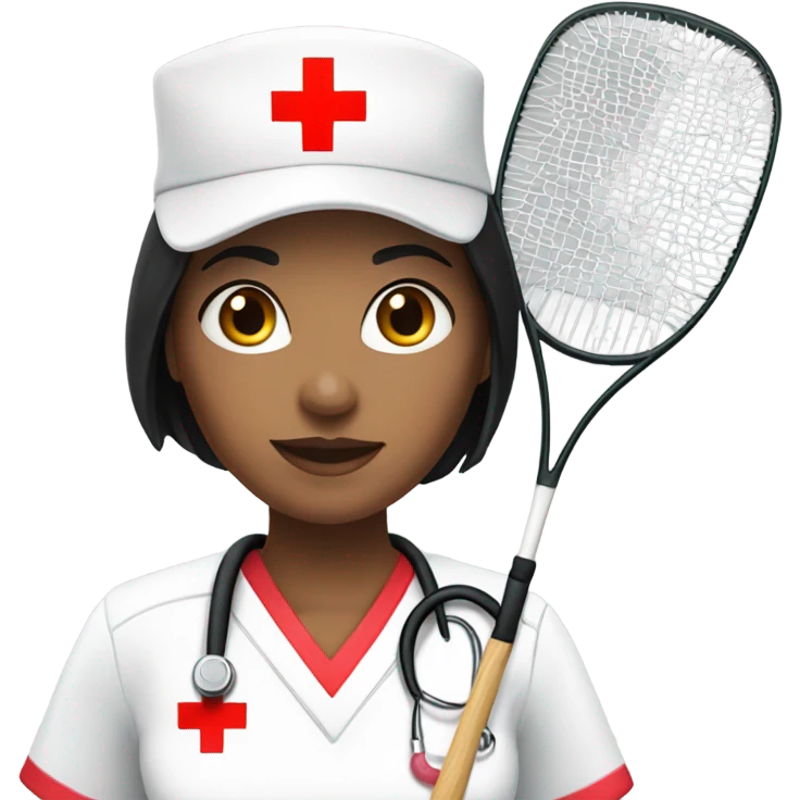 short black hair female nurse with red cross sign hat playing badminton emoji