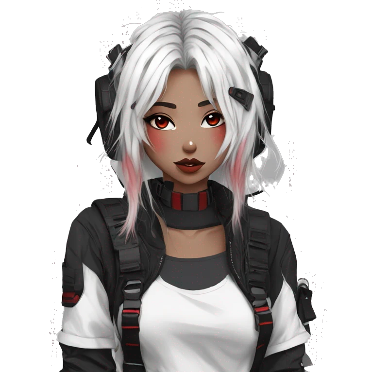 Gorgeous techwear anime style lady with blushing face aesthetic and pretty edgy black red white punk messy hair with collar and harness trending style emoji