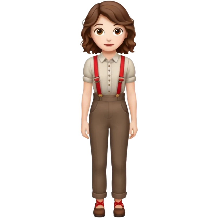 Woman with wavy brown hair and hazel eyes wearing dress pants with red suspenders emoji