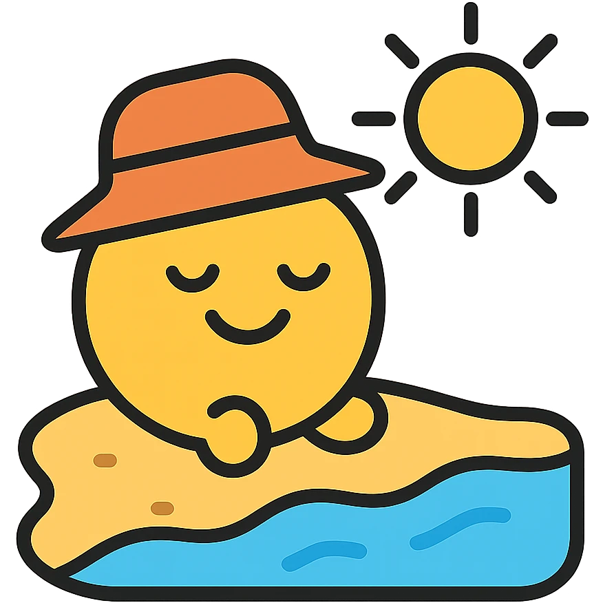 Happy beach character with sun hat on sandy beach with water and sun, highlighted emoji