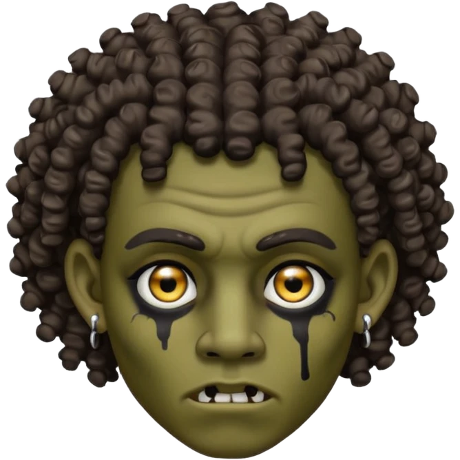 Zumbi man with curly hair, black eye, studded earrings on both ears emoji