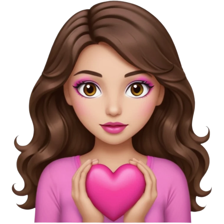 girl with long wavy brown hair, brown eyes, long lashes makeup, sexy pink lips, light to medium complexion, wearing a pink sexy top, holding a big heart emoji