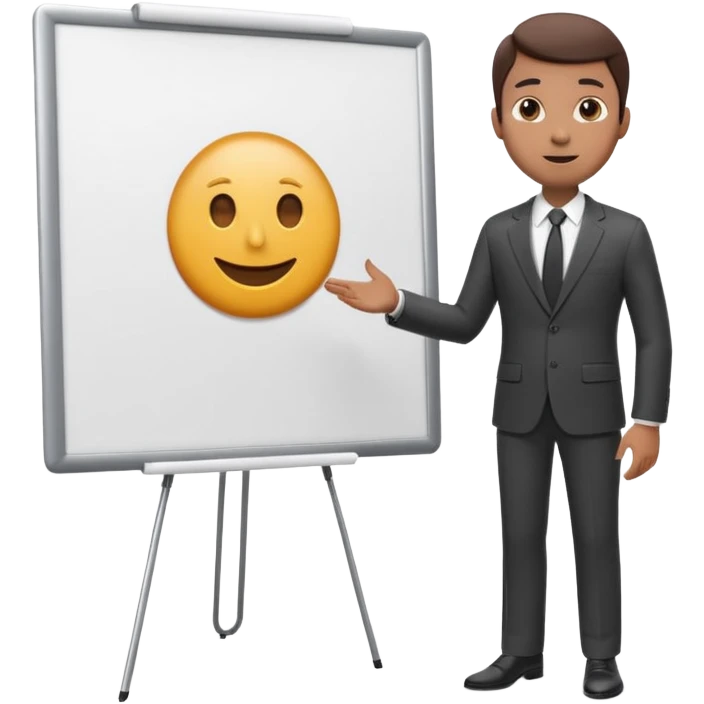 A clean emoji-style illustration of a person giving a presentation, standing next to a large presentation board on a stand, board is white and there is nothing on it, the board is oversized and clearly visible, no podium, no desk, no table, friendly proportions, soft 3D emoji style emoji