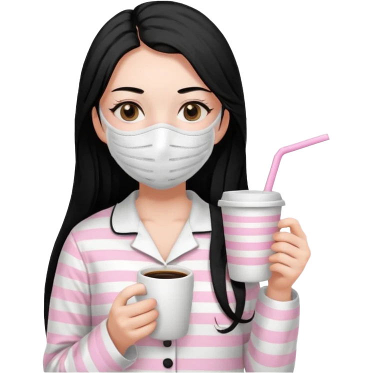 chica de pelo lacio color negro cabellera larga piyama blanca con rayas rosa claras peo no tan claras no oscuras el bordado es negro al igual que los botones )tiene una mascarilla para la carablanca y sostiene y cafe con bolitas nedras al dondo con unsorbete tranparente y es de test blanca  emoji