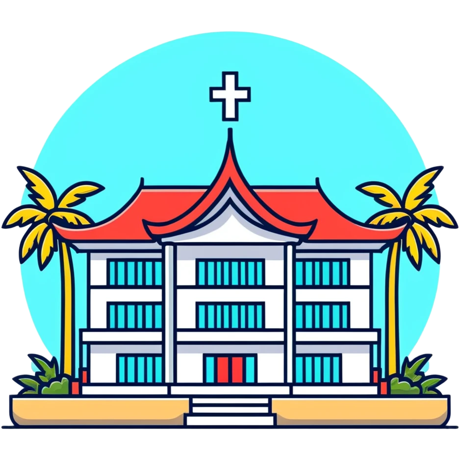 Modern Thai hospital building with traditional Thai roof elements, medical cross symbol, palm trees emoji