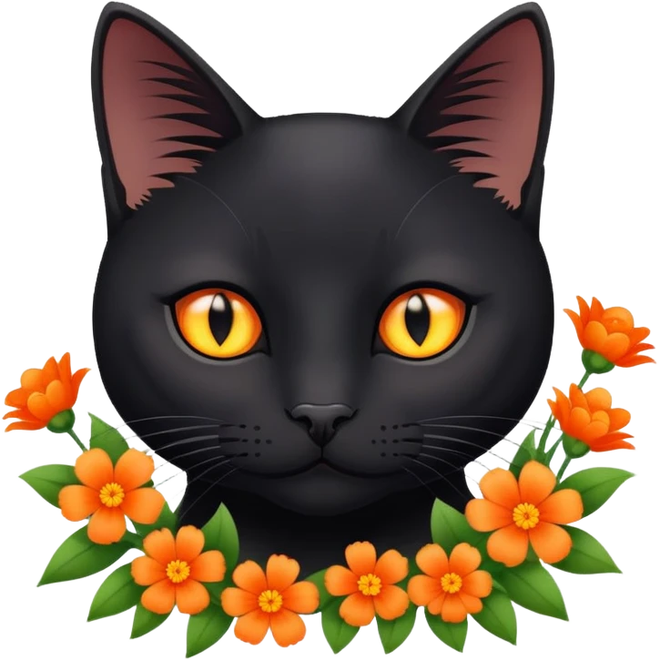 American short hair black cat with orange eyes and flowers emoji