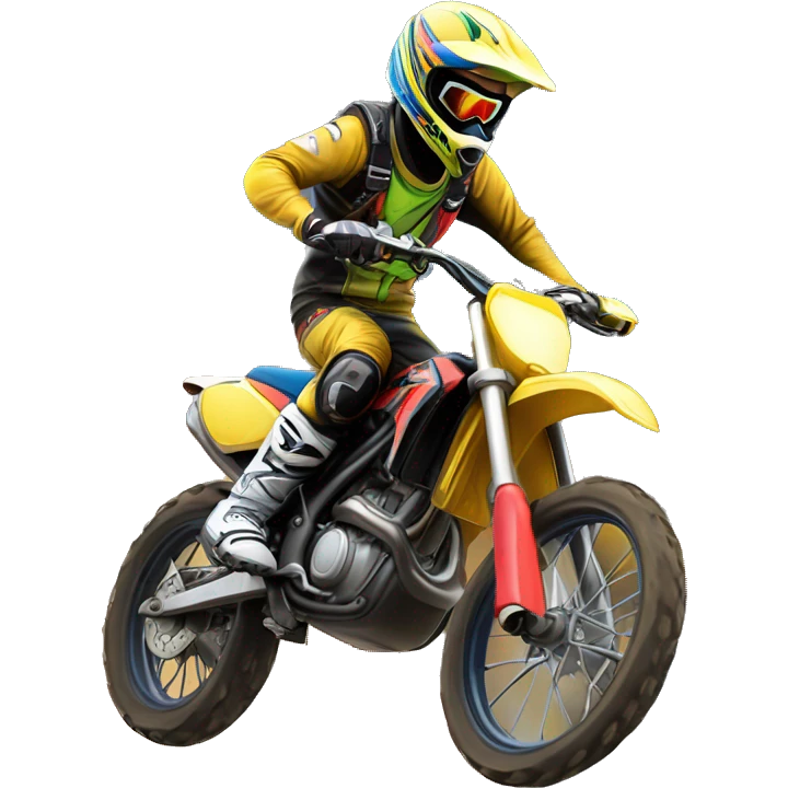 "Create a detailed emoji-style illustration of a motocross bike doing a wheelie with a rider on top. The rider should wear a helmet and protective gear, with vibrant and dynamic colors. emoji