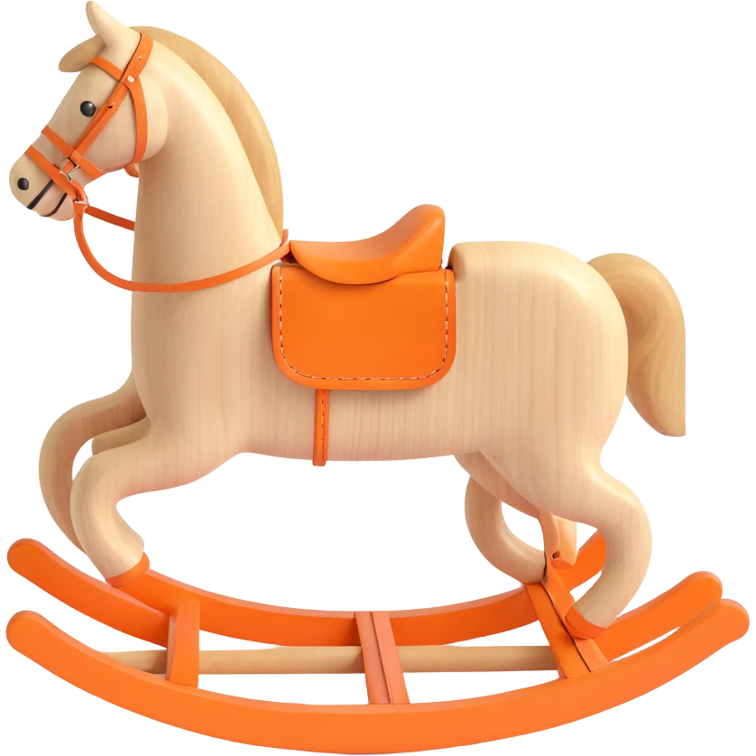 rocking horse, 3D style, raw wood with visible grain, minimal Hermès orange accent, simple design, no text emoji