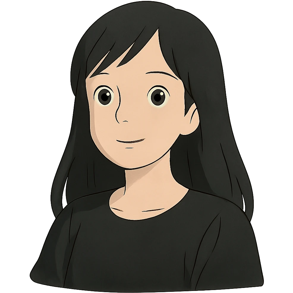 ghibli style white woman with rounded brown eyes, long black hair, black blouse emoji