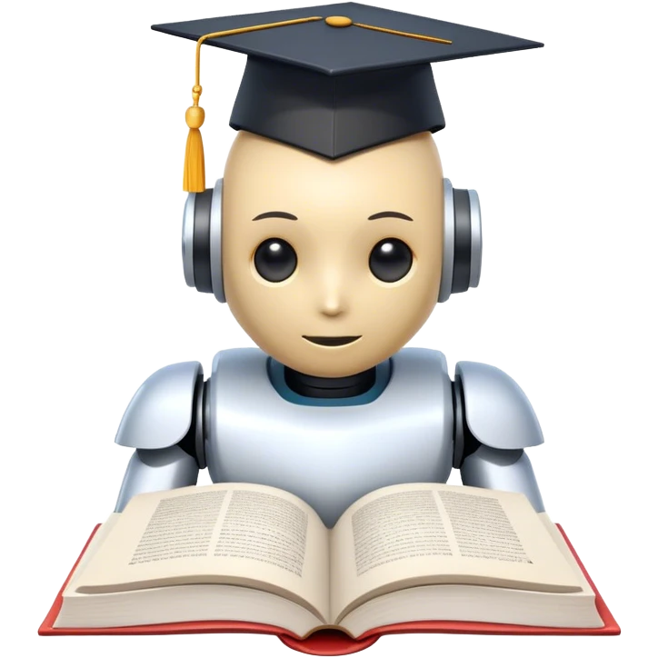 Ai  robot reading a big book with graduation head emoji