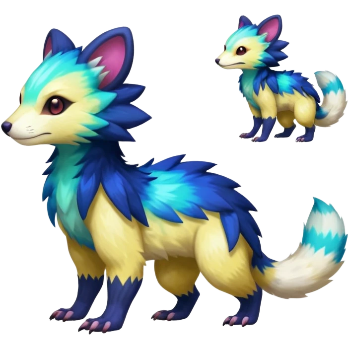 Colorful luminescent glowing Trico-Sergal-Furret-Ferret-Wolverine-Vernid-furry-fursona-fusion-Fakemon-animal-hybrid-creature, full body emoji