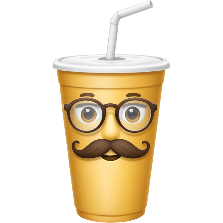 paper cup and white straw, the cup has eyes and mouth and glassess and mustache emoji