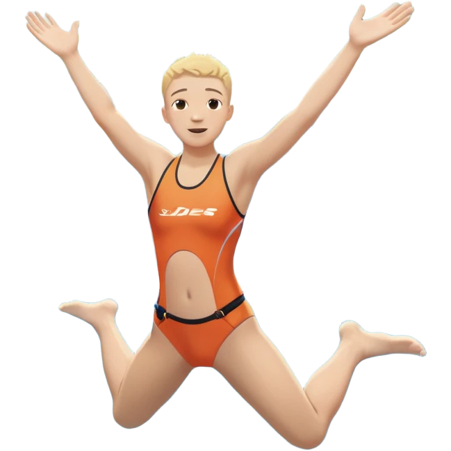 A young, inexperienced person stands at the edge of a pool named “Confidence,” mid-jump, arms open wide. Below, skilled divers are already in motion—but this person dives in with bold energy, unshaken by their lack of experience. The water sparkles,  emoji
