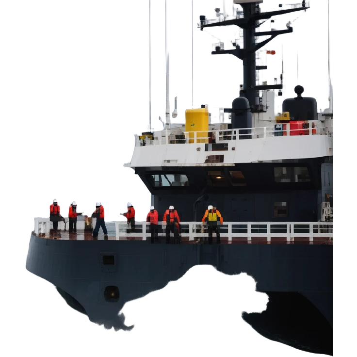 Marine geologists on ship deck battling stormy seas while retrieving ocean floor samples emoji
