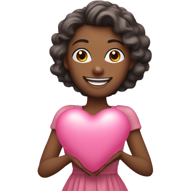a woman smiling wearing pink dress holding a heart shaped balloon emoji