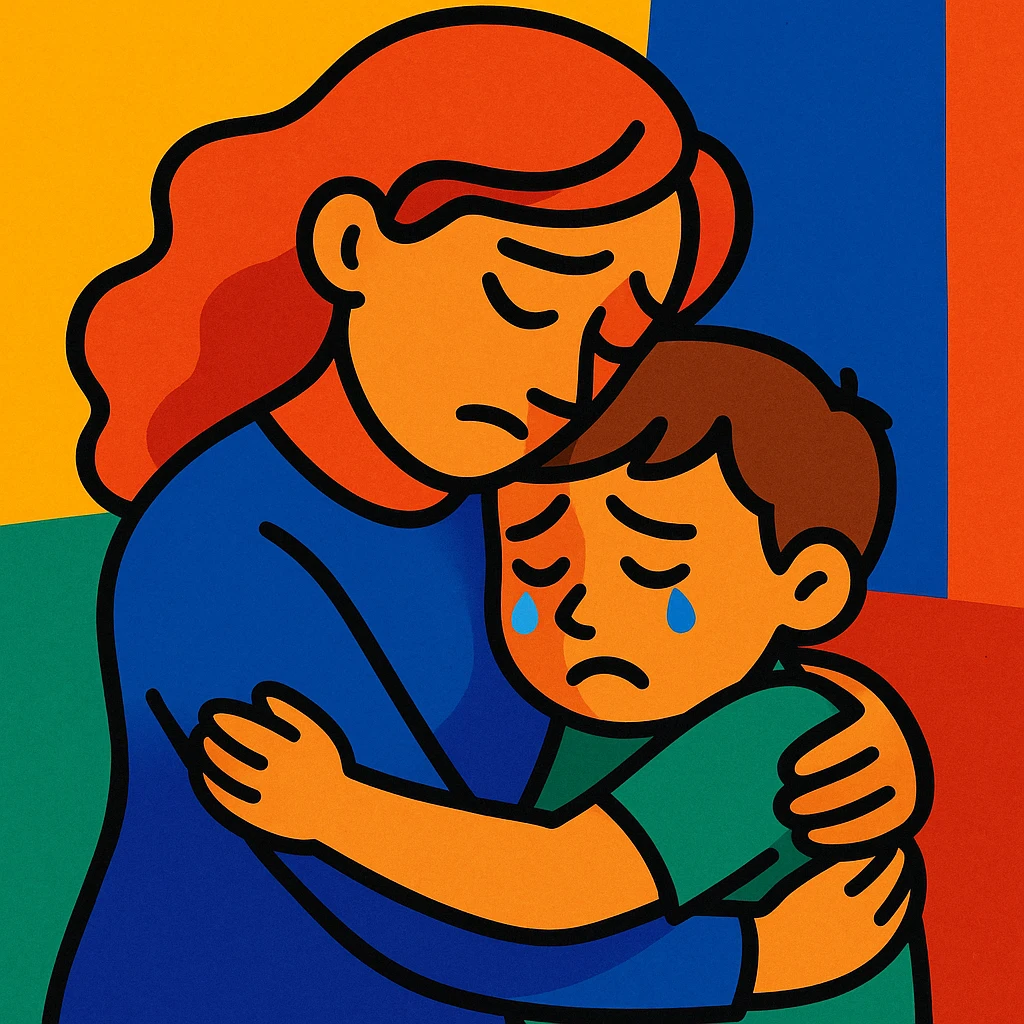 mother hugging sad child, bright colors, emotional emoji