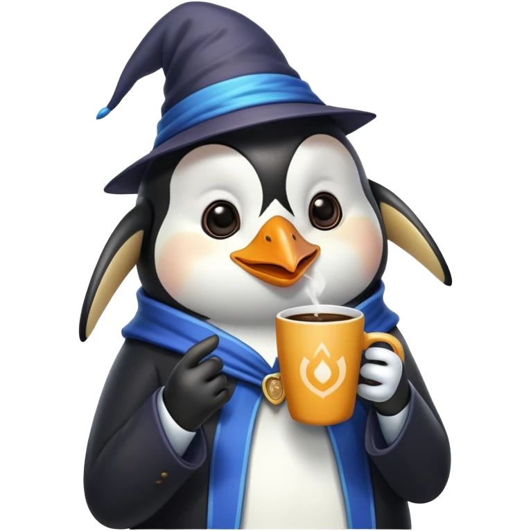 Penguin Wizard drinking coffee while playing iphone emoji