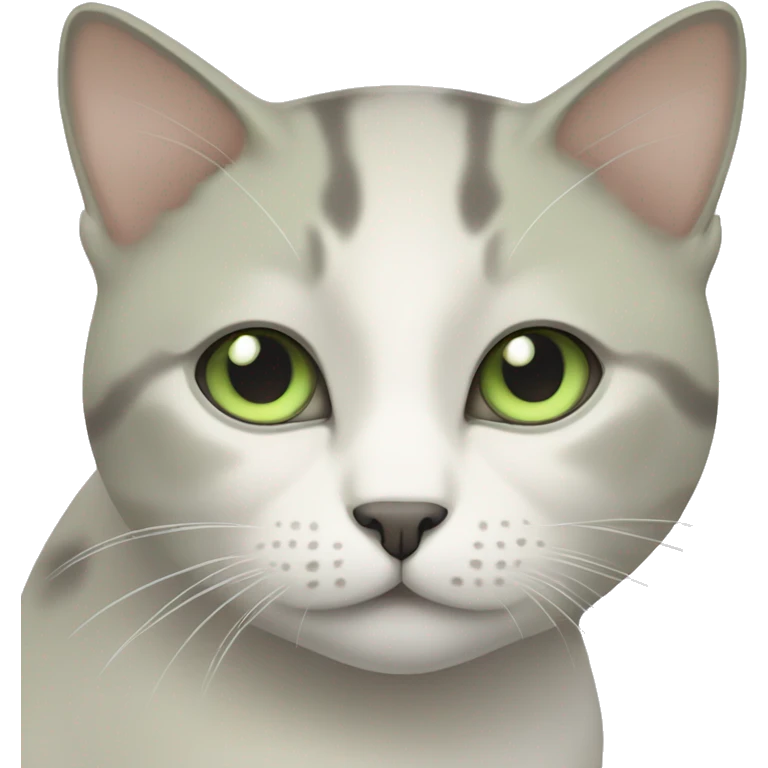 beige, dark/grey, white cat with really pale green eyes  emoji