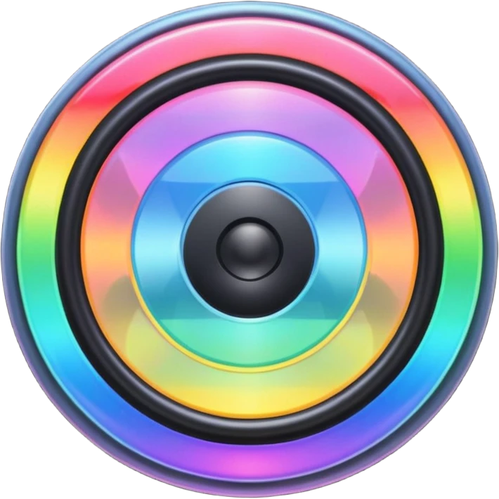 A speaker emoji 🔊 with a smooth CD-like surface that reflects rainbow iridescent colors, glowing RGB light ring around the edge, shiny plastic body, prismatic reflections shifting across the front, soft sparkles and light gleams, holographic sheen, clean simple shape, bright colorful highlights emoji