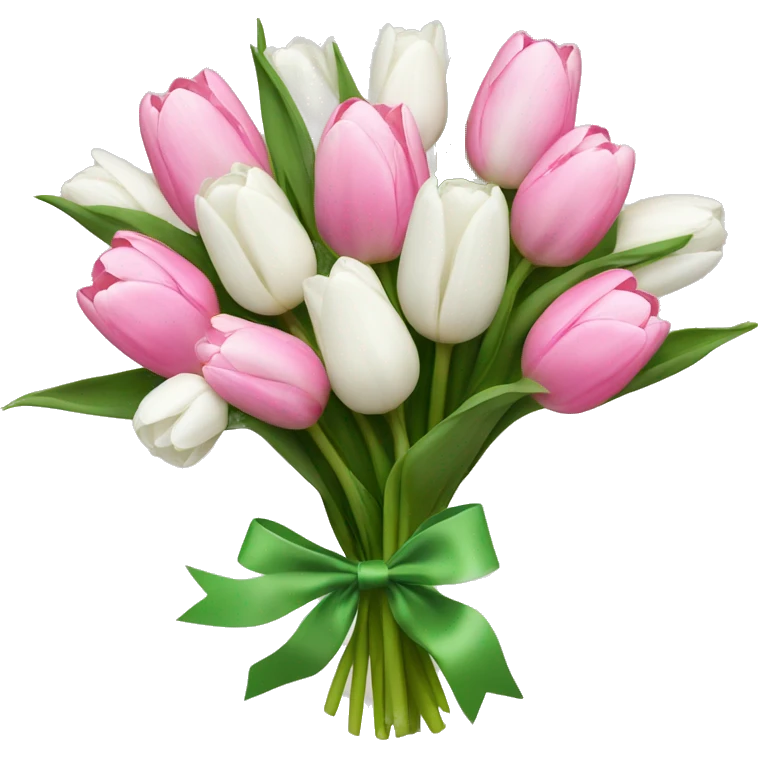 bouquet of white tulips and some pink tulips with a bow around it emoji