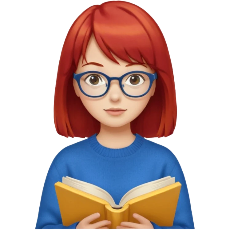 a girl with red hair and bangs with glasses wearing blue sweater reading a yellow cover book emoji