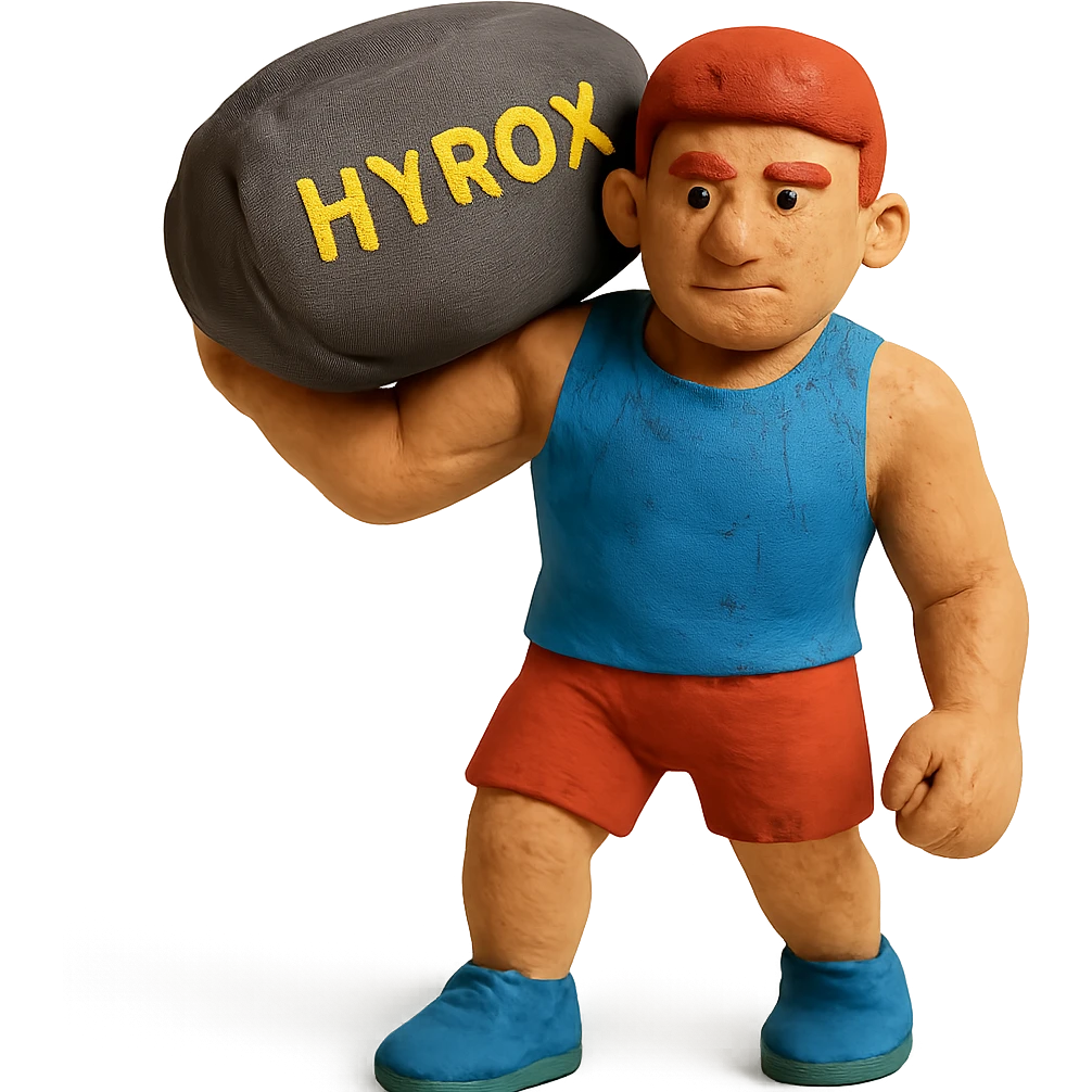 athlete with Hyrox sandbag on shoulder in claymation style emoji