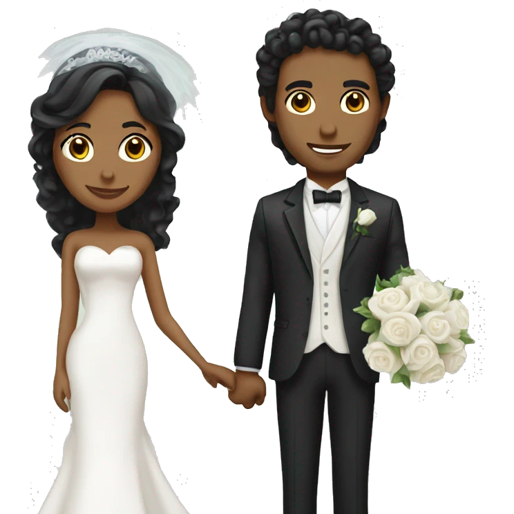 Bride with long black hair and groom with curly hair emoji
