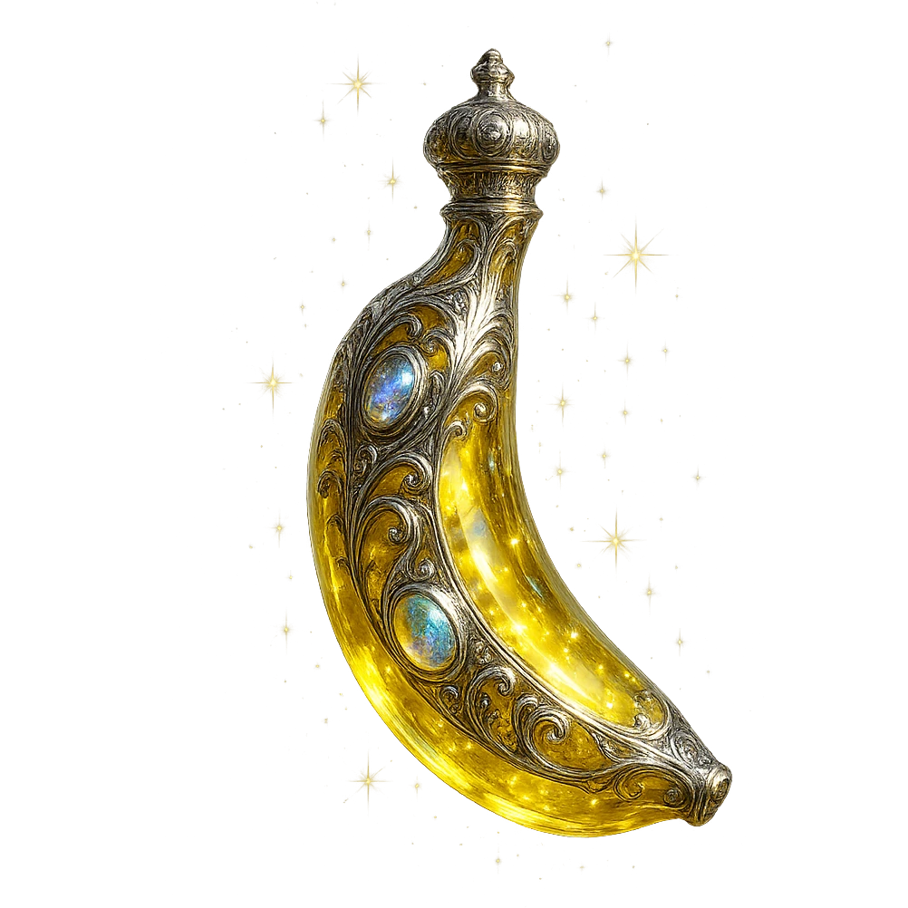 luxurious crystal elixir bottle in banana shape, banana yellow color, ornate silver and iridescent details, very small neck, seamless bottom, bottle clearly floating in air, no base or shadow, modern, collection style, extra magical glowing and sparkling effects emoji
