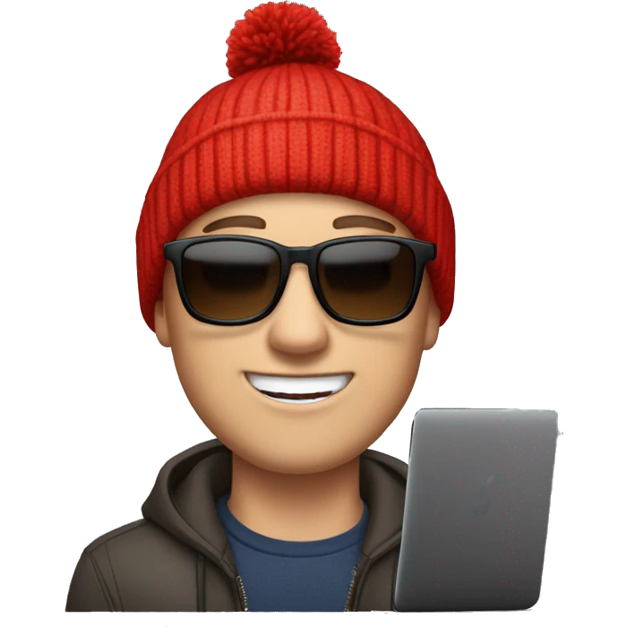 white man with short brown hair in his 20s with sunglasses and a red beanie with a pom-pom, has AirPods in and is on a Mac laptop emoji