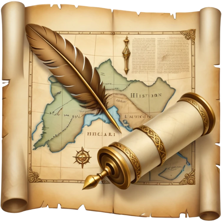 An icon featuring an ancient scroll, a quill, and a historical artifact like a shield or coin. The design includes a backdrop of old maps and timelines, symbolizing the study of past events and civilizations. Transparent background highlights the exploration of history. emoji