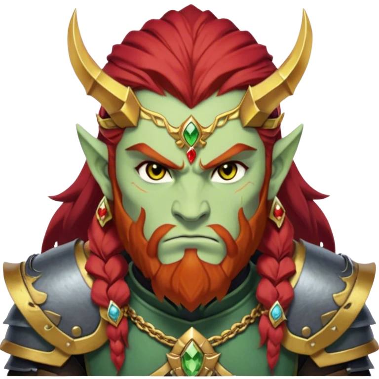 Ganondorf, Legend of Zelda, pale green skin, golden irises, black pupils, long layered red hair, short thick red beard, no mustache, thick red eyebrows connecting to hair, scowling, angry, stoic, dark armor, demon armor, large ornate forehead jewelry, topaz jewel on forehead emoji