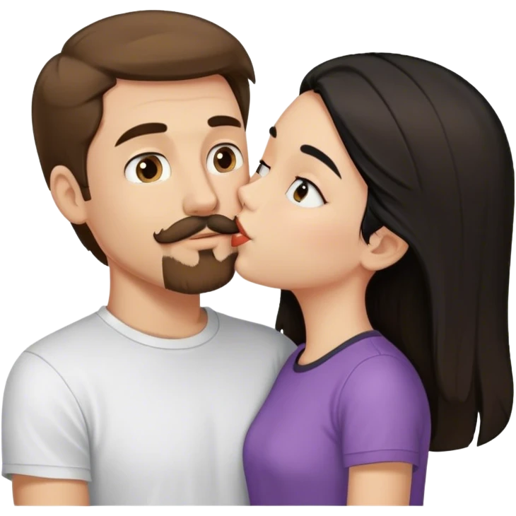 tall white guy with brown hair goatee mustache wearing t-shirt kissing a short white girl with long black hair emoji