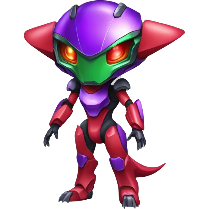 a shiny purple-green-red Genesect-Raptor-Fakémon—hybrid with a futuristic visor-helmet full body emoji