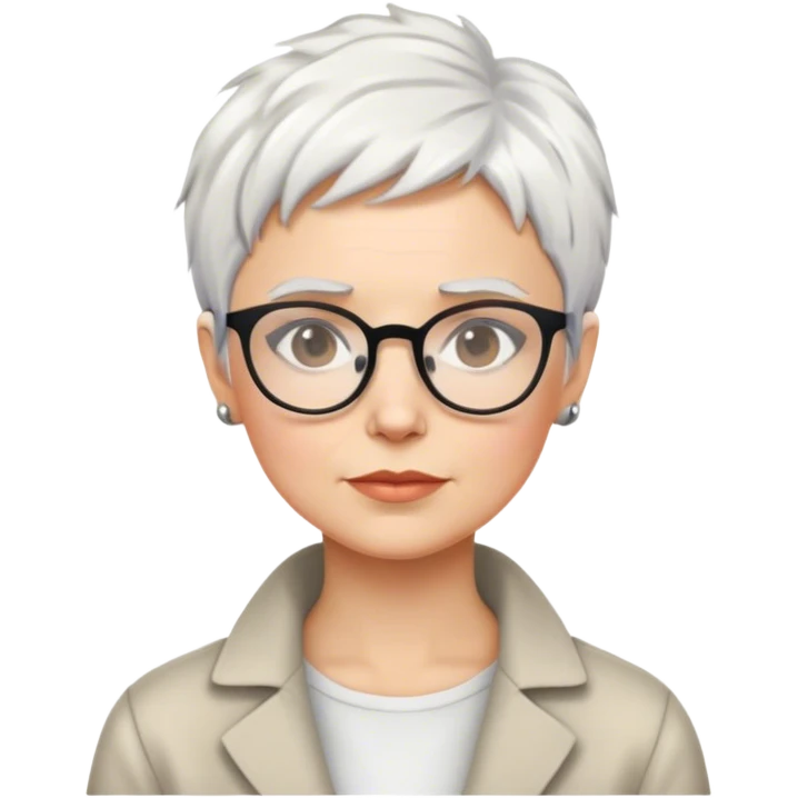 White woman with short pixie messy white hair social scientist glasses emoji