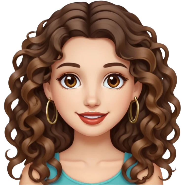 cute girl with not volominous VERY LONG curly/wavy brunette hair with balayage, brown eyes, full lips, cute makeup and hoop earrings white girl: happy face emoji