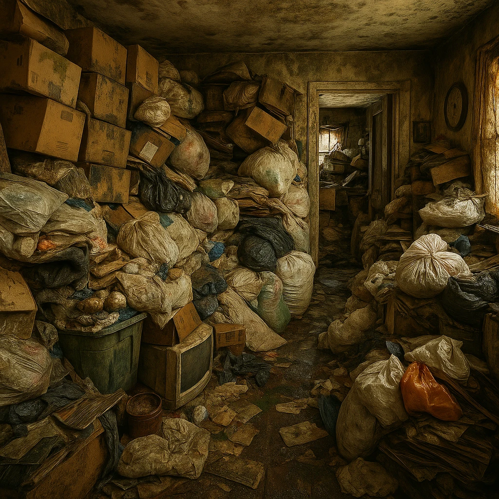 Add visible water damage to the cluttered hoarding house scene, including stained walls, warped floors, and mold, while keeping the same cluttered hoarding house theme and style as the original image. emoji