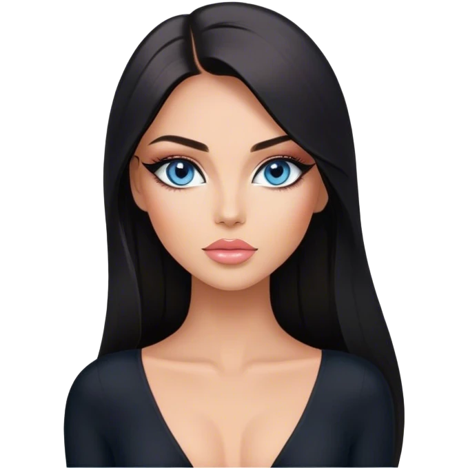 Glamours, tanned, beautiful, girl, with blue eyes, big pump peach-beige-rose lips, eyeliner, long lashes, black straight smooth silky long hair, parting hair in the middle,  in black v-neck bodysuit emoji