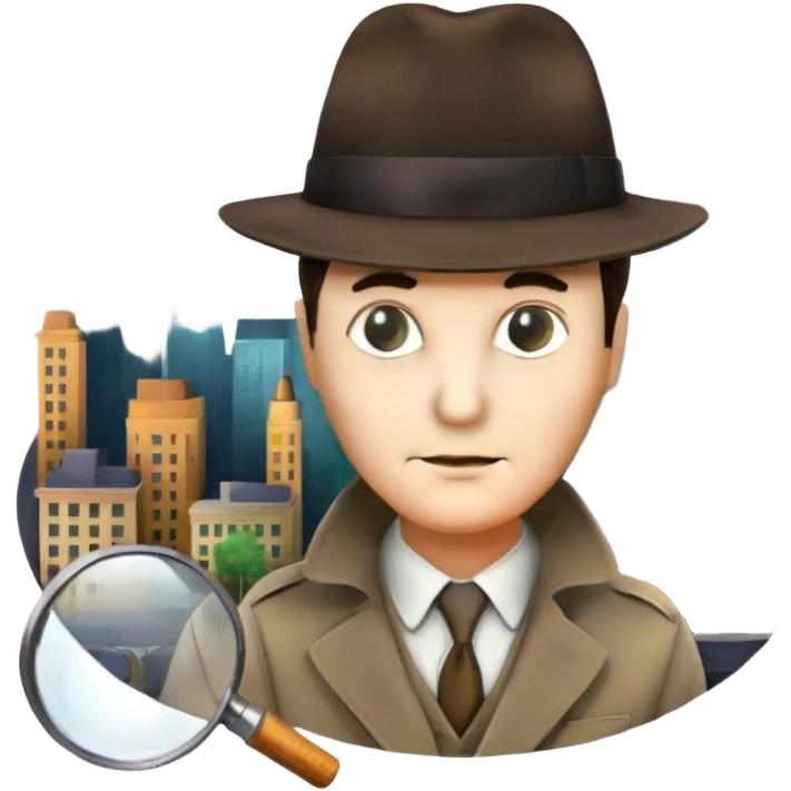 Icon for Detective Movies: A colorful collage featuring iconic detective elements—magnifying glass, a fedora hat, a cigarette, a shadowy figure, and a mysterious city backdrop. Include subtle clues like fingerprints or a crime scene. Retro movie poster style. Transparent background. emoji