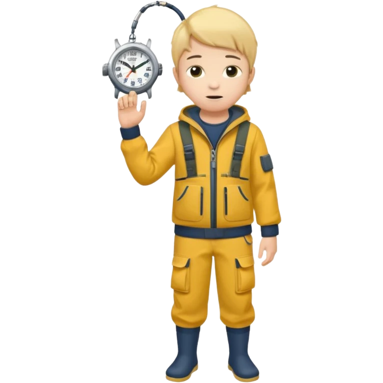 Boy in fishing suit looking at his wristwatch, full body emoji