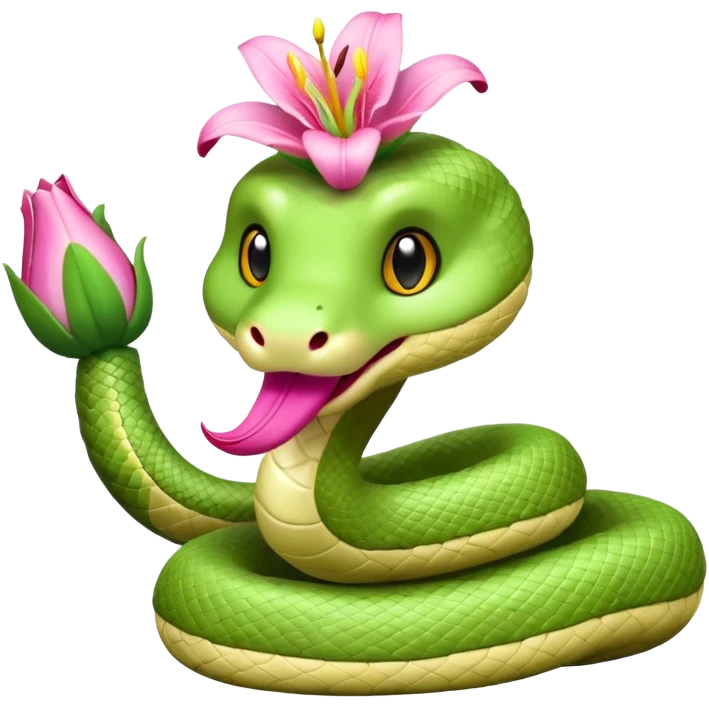 A cute, kind, furry snake doll
with a light green and white body
with a pink lily flower on its head
(no stinger in its mouth) emoji