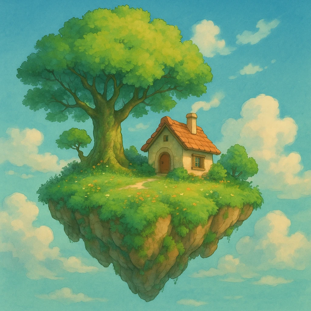 a floating island with a small house and tree, ghibli style emoji