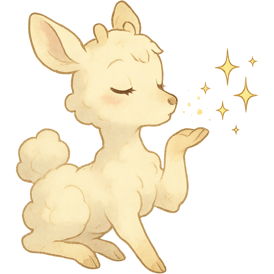 ghibli-inspired vanilla cloud doe, blowing a kiss with sparkles, soft and dreamy emoji