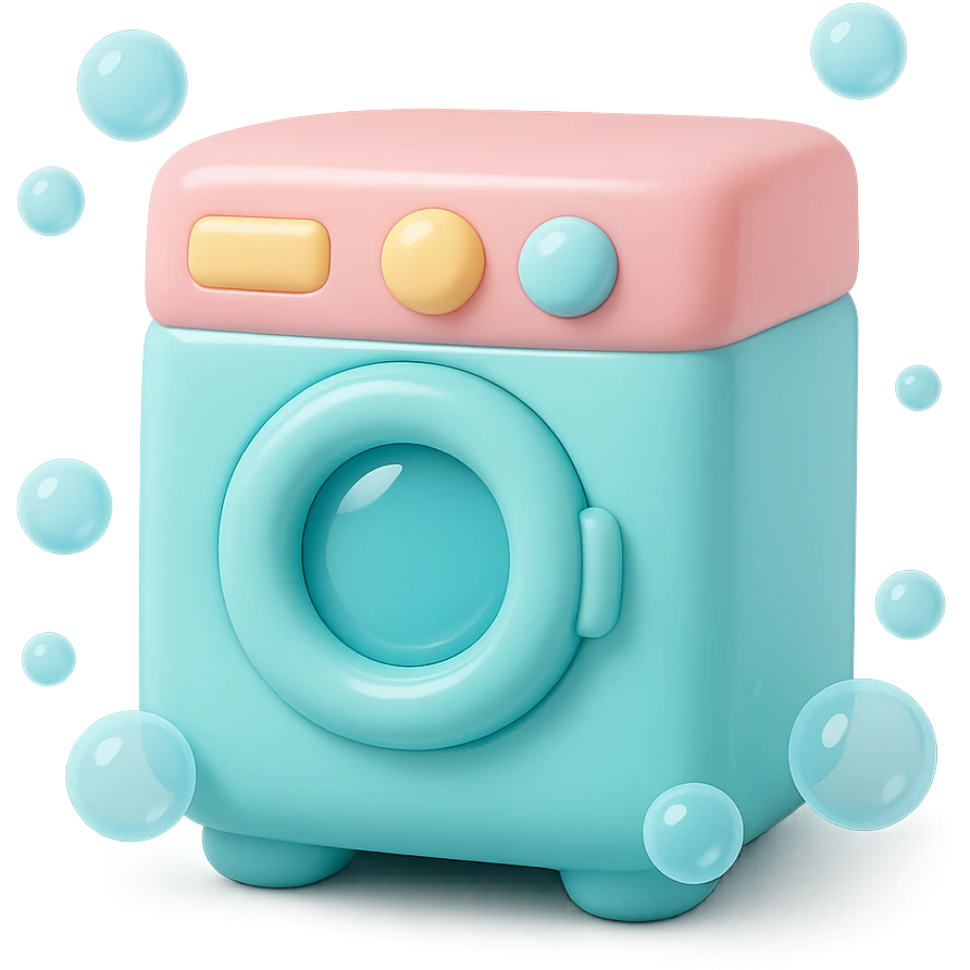 Add playful cartoon bubbles around the vinyl figure style washing machine, keep the original vinyl-figure look and colors. emoji