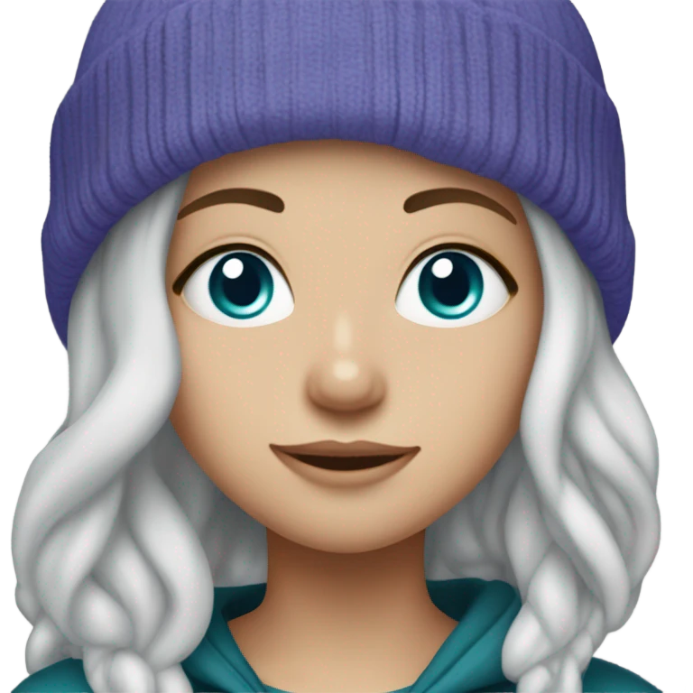 White girl, blue eyes, long teal hair, purple beanie hat, black hoodie, blue jeans, black shoes emoji