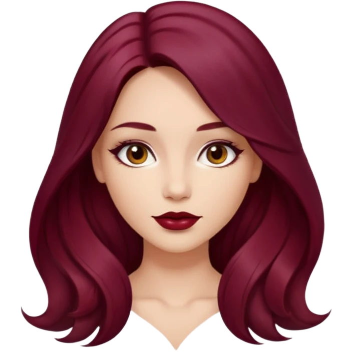 Draw a young glamorous woman with LONG dark burgandy cherry hair in a MIDDLE PART styled slightly wavy emoji